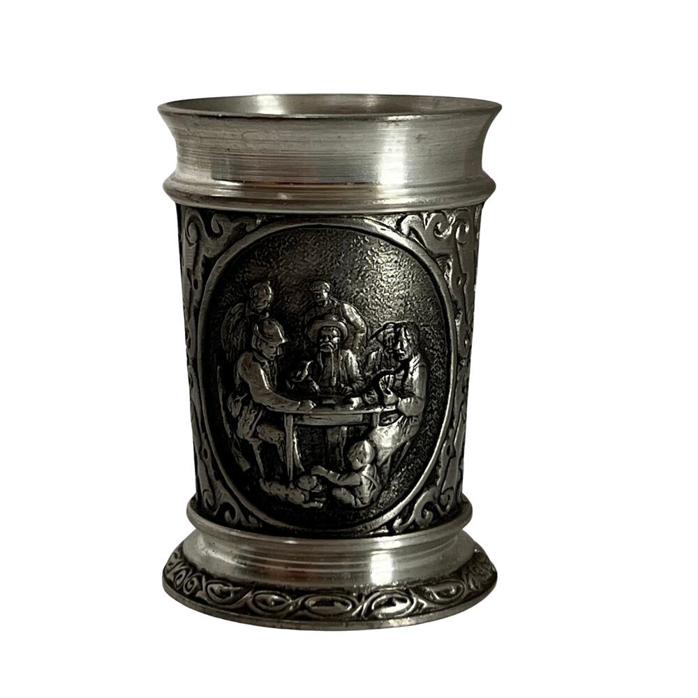SKS Zinn 95% Pewter German 2" Shot Shooter Glass w/ Embossed Scenes